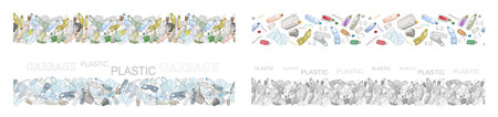 Vector hand drawn set of seamless patterns with sorted plastic garbage isolated on white. Collection of trash with separate debris. Concept of Recycles Day, World Cleanup day and ecologyのイラスト素材