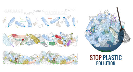 Vector hand drawn set of objects and seamless patterns with sorted plastic garbage isolated on...