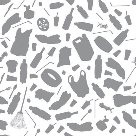 Hand drawn outline isolate on white backdrop. Vector seamless pattern with garbage, plastic straws, bag, plastic utensils. The concept of environmental pollution.のイラスト素材