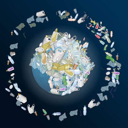 The problem of pollution of the planet. Space debris. The garbage, plastic, bags on the planet. The concept of ecology and the World Cleanup Day.のイラスト素材