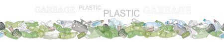 Different kinds of plastic garbage. Seamless pattern brush. The concept of ecology and the World Cleanup Day.のイラスト素材