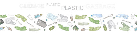 Different kinds of plastic garbage. Seamless pattern brush. The concept of ecology and the World Cleanup Day.のイラスト素材