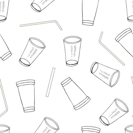 Outline seamless pattern with sorted plastic garbage isolated on white background. Separate debris collection. Vector hand drawn set of trash. Concept of Recycles Day, World Cleanup Day and ecology.のイラスト素材