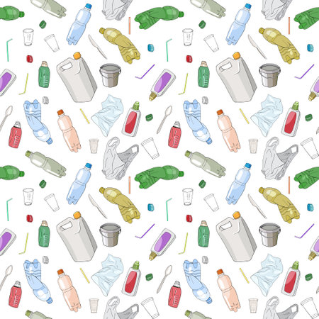 Outline seamless pattern with sorted plastic garbage isolated on white background. Separate debris...