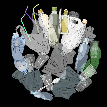 Big waste Set Of Transparent Empty Packaging. Plastic Trash. Vector hand drawn collection of...