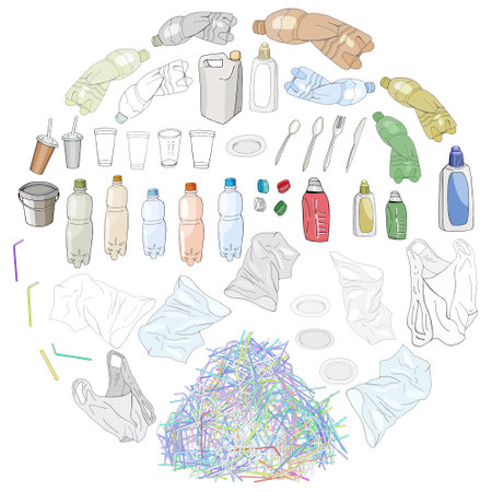 Big waste Set Of Transparent Empty Packaging. Plastic Trash. Vector hand drawn collection of rubbish. Concept of Recycles Day, National Reuse Day and ecology.のイラスト素材