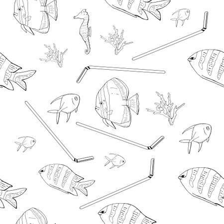 Hand drawn outline. Vector seamless pattern with garbage, plastic straws, fishes, bag, seaweed, plastic utensils. The concept of environmental pollution.のイラスト素材