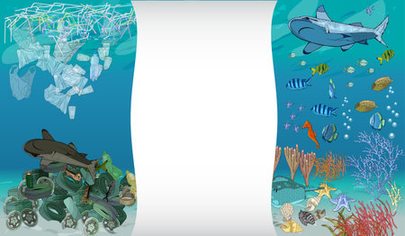 Vector template with different types of plastic garbage and chemical waste to the ocean. Ecology concept.のイラスト素材