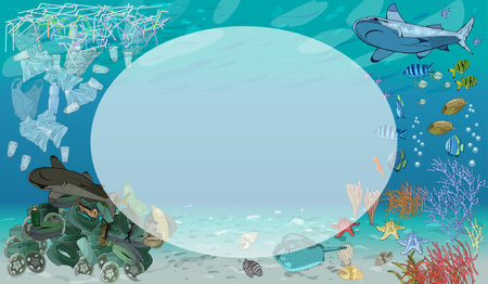 Vector template with different types of plastic garbage and chemical waste to the ocean. Ecology concept.のイラスト素材