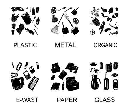 Garbage waste recycling icons, line symbols of different waste sorting. Vector illustration. Collection of trash. Hand drawn outline isolated on white background. Concept of Recycles Day,のイラスト素材