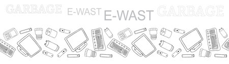 Black and white outline seamless vector border with sorted E-waste garbage isolated on white....