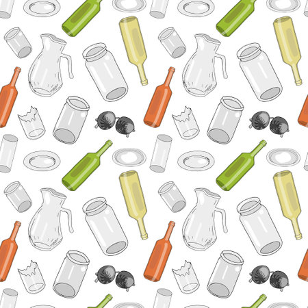 Seamless pattern with sorted glass garbage isolated on white background. Part 1 of separate debris collection. Vector hand drawn set of trash. Concept of Recycles Day, World Cleanup Day and ecology.のイラスト素材