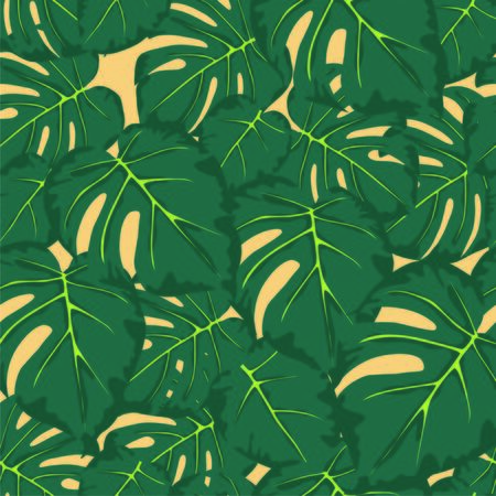 seamless pattern of green leaves monstera on a light yellow backgroundのイラスト素材