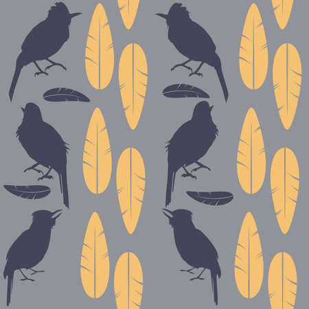 Simple seamless purple pattern  singing birds and yellow feathers sitting on a light background