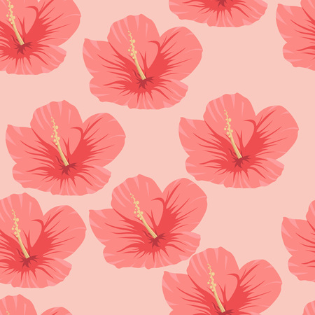 Seamless pattern of tropical pink hibiscus flowers on a light backgroundのイラスト素材