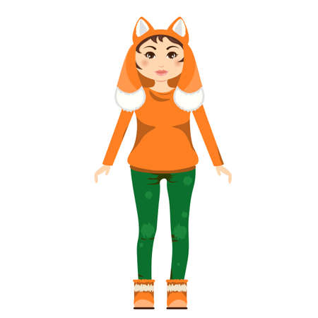 Fox teen girl dressed up in urban style, fashion animals. girl in a cap fox vector cartoon character. cute girl in fox cap jeans and a sweater.のイラスト素材