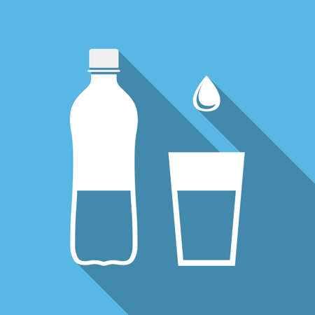 Plastic bottle and glass of water. Water drop sign. Vector illustrationのイラスト素材