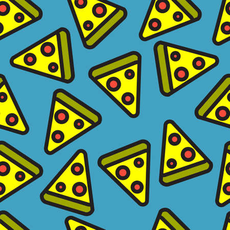 simple pieces of pizza seamless vector pattern on a blue backgroundのイラスト素材