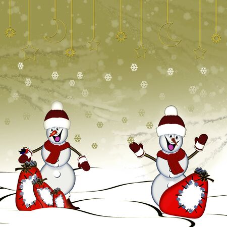 Winter. illustration. Holiday. Cheerful snowmen.の写真素材