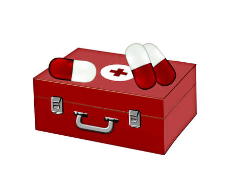 Suitcase ambulance and capsules on white backgroundの写真素材