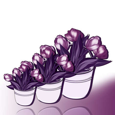 Illustration of a bucket with a bouquet of tulips の写真素材