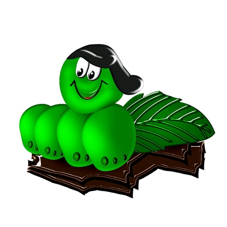 Illustration cheerful caterpillar on a tree with green leaves.の写真素材