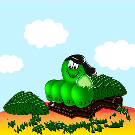 Illustration cheerful caterpillar with leaves and apple.の写真素材