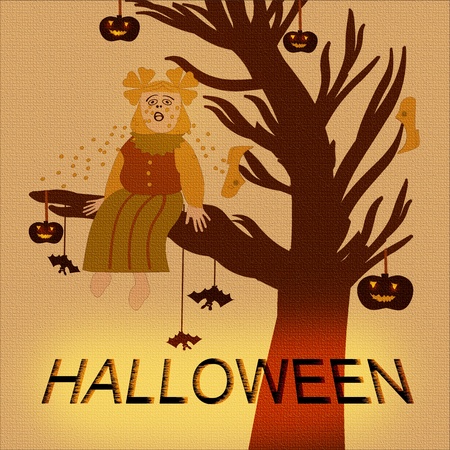 Girl sitting on a tree. Halloween. Illustration.の写真素材