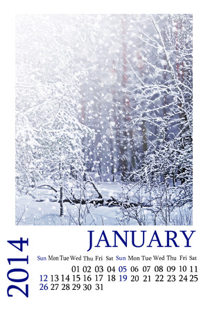 Calendar 2014. January. Winter landscape. Snowfall.の写真素材