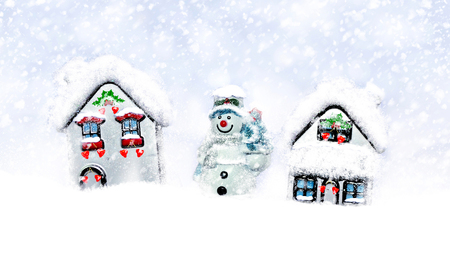 Winter. New Year. Snowman and house.の写真素材