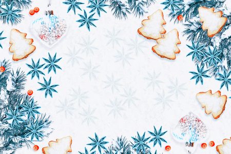 Snow covered trees. Festive Christmas composition. Card. Top view, flat lay.の写真素材
