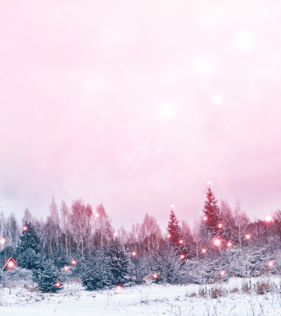 Village in winter snow covered forest. Holiday card.の写真素材