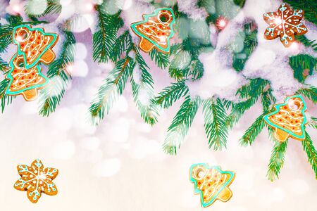 The branches of the snow covered Christmas tree. greeting cardの写真素材