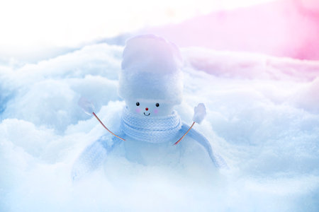 Funny happy snowman. Winter landscape. Merry christmas and happy new year greeting card