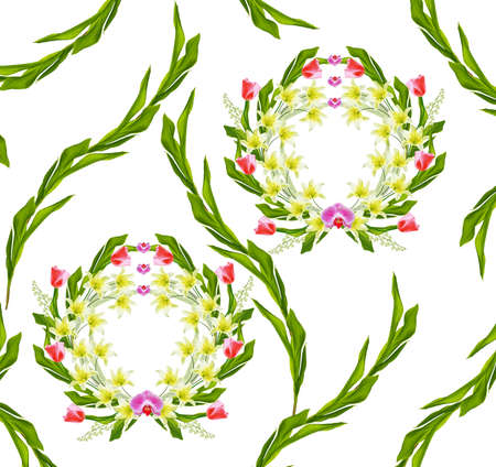 floral wreath. Round frame with flowers of lilies of the valley, lilies and tulips isolated on a white background.の写真素材