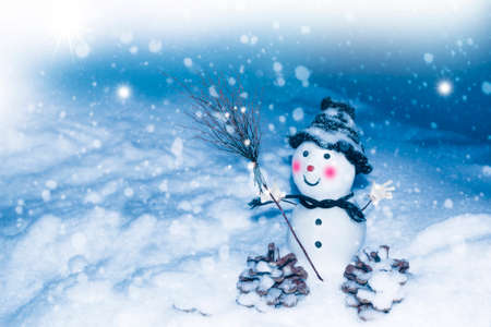 Funny happy snowman. Winter landscape. Merry christmas and happy new year greeting card