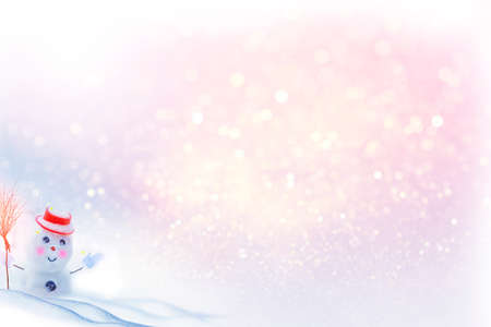 Funny happy snowman. Winter landscape. Merry christmas and happy new year greeting cardの写真素材