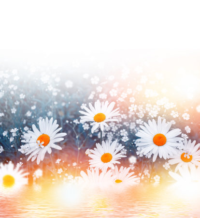 White bright daisy flowers on a background of the summer landscape. Wildflowers outdoorsの写真素材