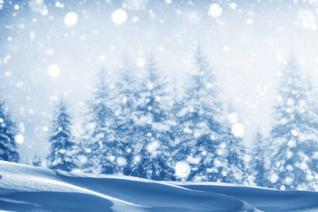 Christmas winter background with snow and blurred bokeh.Merry christmas and happy new year greeting card. Frozen winter forest with snow covered trees. outdoorの写真素材