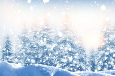 Christmas winter background with snow and blurred bokeh.Merry christmas and happy new year greeting card. Frozen winter forest with snow covered trees. outdoorの写真素材