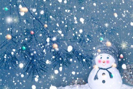 Funny happy snowman. Winter landscape. Merry christmas and happy new year greeting cardの写真素材