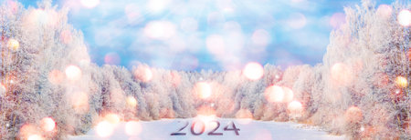New year 2024. Landscapes. Frozen winter forest with snow covered trees. outdoorの写真素材