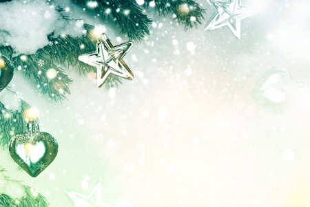 The branches of the snow covered Christmas tree. greeting cardの写真素材