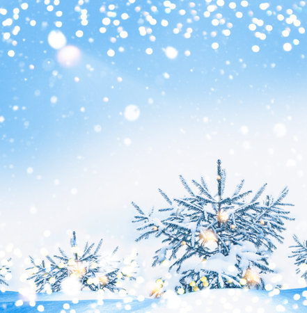 Christmas tree in the snow. greeting card Landscapes. Frozen winter forest with snow covered trees. outdoorの写真素材
