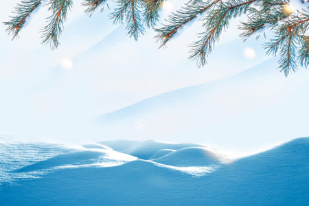 Christmas winter background with snow and blurred bokeh.Merry christmas and happy new year greeting card. Frozen winter forest with snow covered trees. outdoorの写真素材