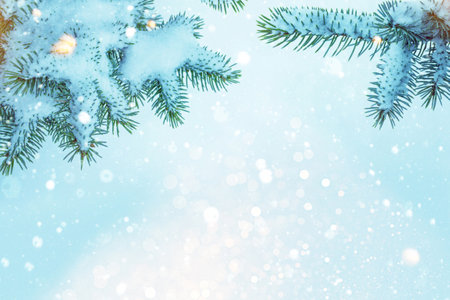 New Years Eve. Frozen winter forest with snow covered trees. Coniferous spruce branch. outdoorの写真素材