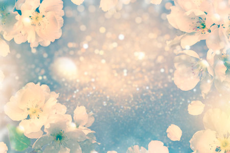 Blurred. Blossoming branch apple. Bright colorful spring flowers. Beautiful nature sceneの写真素材