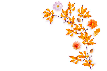 Autumn natural composition of branches, leaves and flowers. Nature.の写真素材