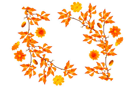 Autumn natural composition of branches, leaves and flowers. Nature.の写真素材