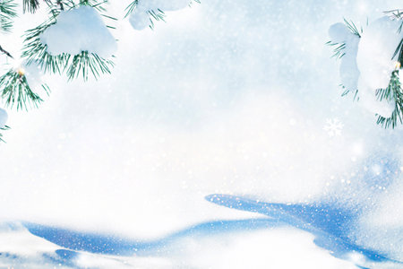 New Years Eve. Frozen winter forest with snow covered trees. Coniferous spruce branch. outdoorの写真素材